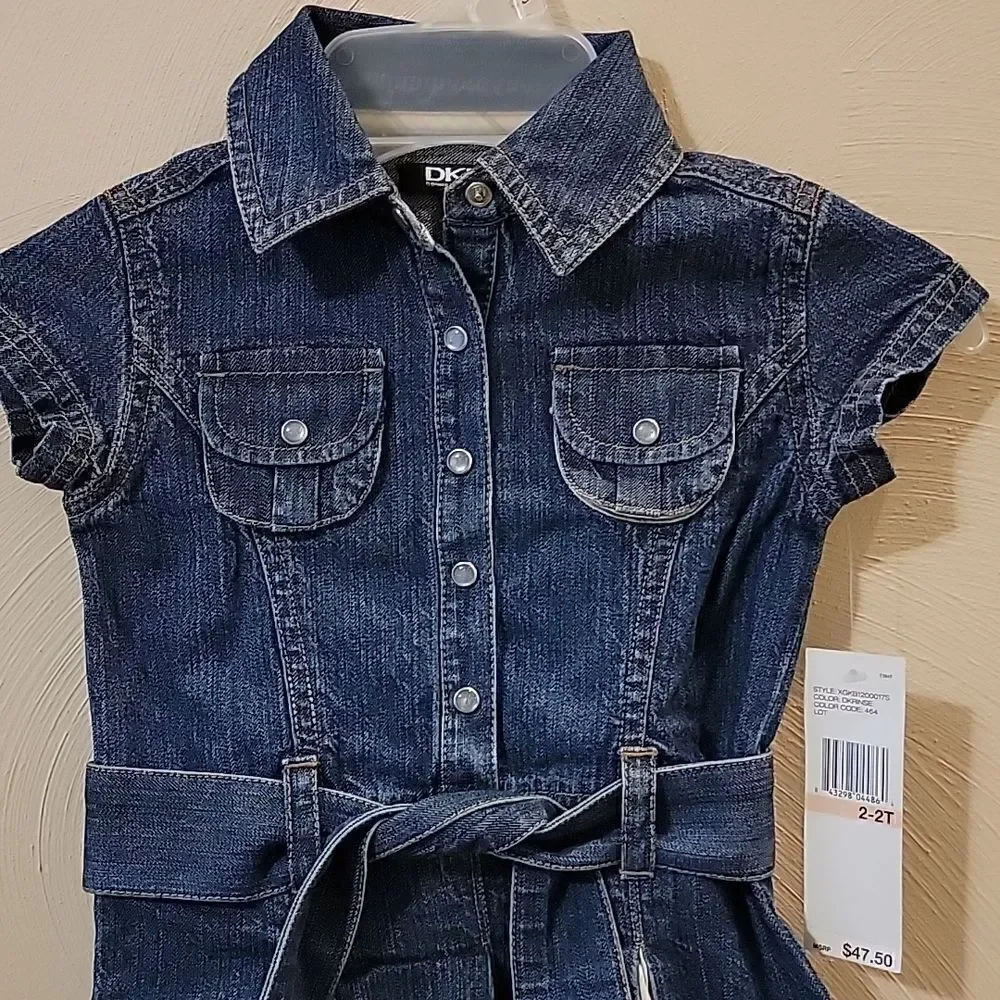 DKNY DENIM BELTED DRESS WITH PLEATED SKIRT AND PEARL BUTTONS, SIZE 2/2T - NEW!